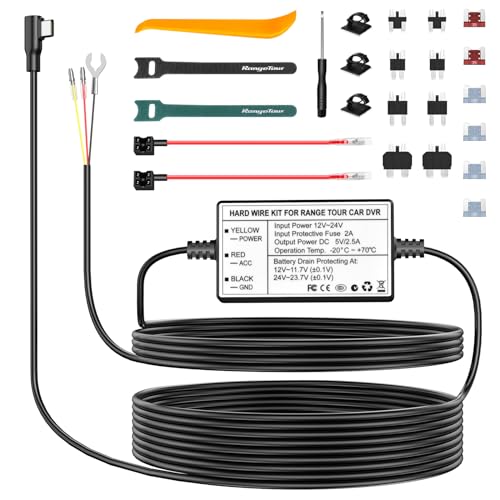 Range Tour Dashcam Hardwire Kit, USB-C 12V-24V bis 5V Harter Draht Auto Ladegerät Kabelsatz Kit mit Sicherung und Sicherungshahnkabel für Dashcam GPS Parkmodus und den Niederspannungsschutz von Range Tour