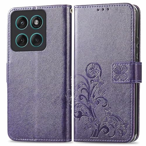 RankOne Hülle aus Leder für Motorola Moto Edge 60 (6.7" Inches), Wallet Case mit 3 Kartenfächern 1 Münzfach Vierblättriges Kleeblattmuster - Dunkelviolett von RankOne