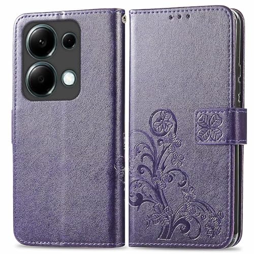 RankOne Hülle aus Leder für Redmi Note 13 Pro 4G / Poco M6 Pro 4G (6.67" Inches), Wallet Case mit 3 Kartenfächern 1 Münzfach Vierblättriges Kleeblattmuster - Dunkelviolett von RankOne