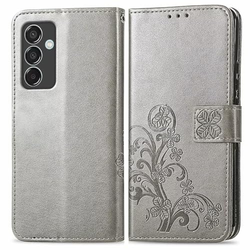 RankOne Hülle aus Leder für Samsung Galaxy M15 5G (6.5" Inches), Wallet Case mit 3 Kartenfächern 1 Münzfach Vierblättriges Kleeblattmuster - Grau von RankOne