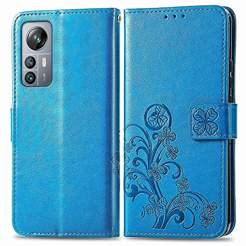 RankOne Hülle aus Leder für Smartphone, Compatible with Blackview A85 (6.5" Inches), Wallet Case mit 3 Kartenfächern 1 Münzfach Vierblättriges Kleeblattmuster - Blau von RankOne
