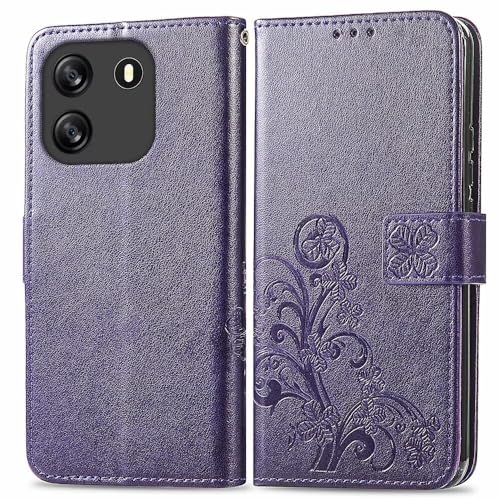 RankOne Hülle aus Leder für Smartphone, Compatible with Blackview Wave 6C (6.5" Inches), Wallet Case mit 3 Kartenfächern 1 Münzfach Vierblättriges Kleeblattmuster - Dunkelviolett von RankOne