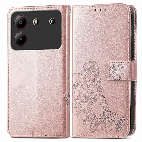 RankOne Hülle aus Leder für ZTE Blade A54 (6.6" Inches), Wallet Case mit 3 Kartenfächern 1 Münzfach Vierblättriges Kleeblattmuster - Roségold von RankOne