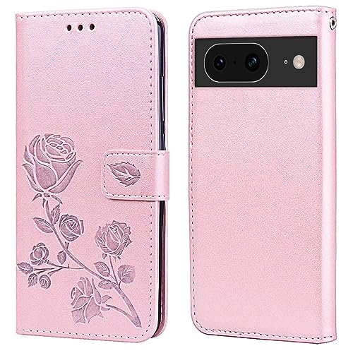 RankOne Leder Geldbörsen Hülle für Google Pixel 8 (6.17" Inches), mit Kartenhalter Rose Pattern Design Cover Folio Flip Case - Roségold von RankOne