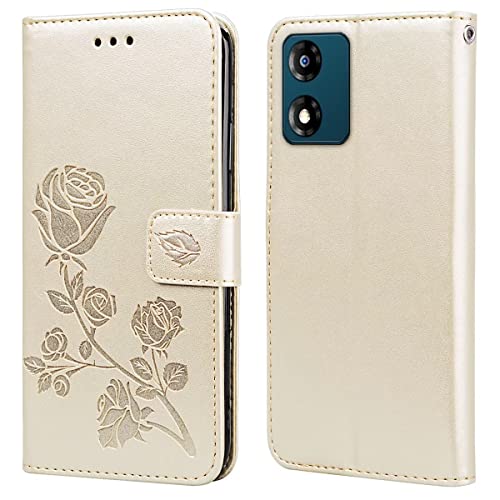 RankOne Leder Geldbörsen Hülle für Motorola Moto E13 (6.5" Inches), mit Kartenhalter Rose Pattern Design Cover Folio Flip Case - Gold von RankOne