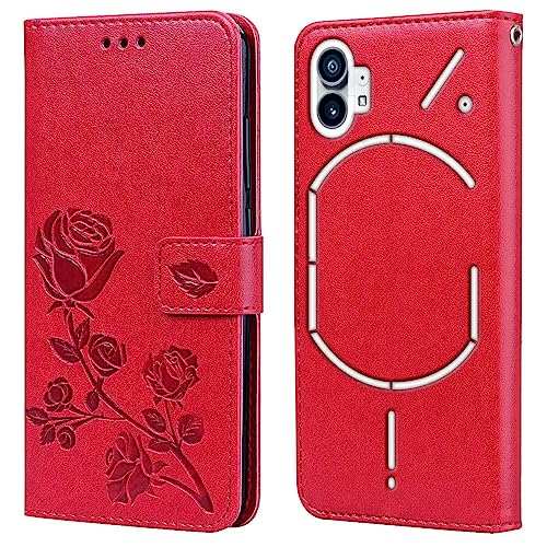 RankOne Leder Geldbörsen Hülle für NothingPhone (1) / Nothing Phone 1 (6.55" Inches), mit Kartenhalter Rose Pattern Design Cover Folio Flip Case - Rot von RankOne