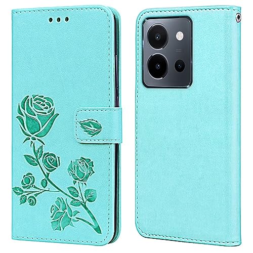 RankOne Leder Geldbörsen Hülle für vivo Y36 (6.64" Inches), mit Kartenhalter Rose Pattern Design Cover Folio Flip Case - Grün von RankOne