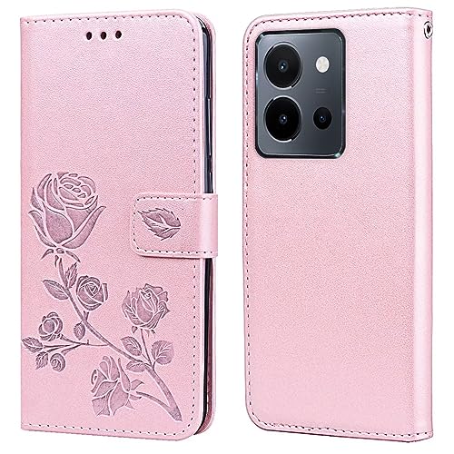 RankOne Leder Geldbörsen Hülle für vivo Y36 (6.64" Inches), mit Kartenhalter Rose Pattern Design Cover Folio Flip Case - Roségold von RankOne