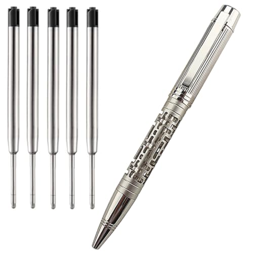 Ranvi Kugelschreiber aus Metall, hohles Design, Drehstift, schwarze Tinte, 1,0 mm, 1 Stift mit 5 zusätzlichen Ersatzminen (Silber) von Ranvi