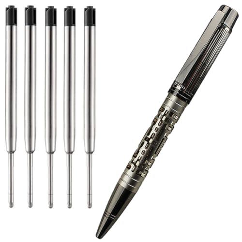 Ranvi Kugelschreiber aus Metall, hohles Design, Drehstift, schwarze Tinte, 1,0 mm, 1 Stift mit 5 zusätzlichen Ersatzminen (Silbergrau) von Ranvi