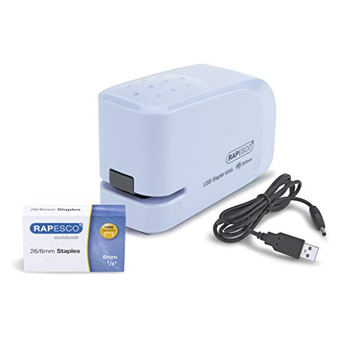 Rapesco 1452 626EL Automatisches USB/Batterie Heftgerät mit 1000 26/6mm Heftklammern, 15 Blatt Heftleistung, Hellblau von Rapesco