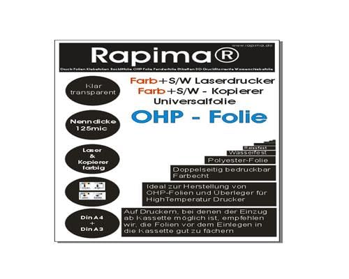100x A3 glasklare OHP-Folie KLAR/TRANSPARENTE für Laserdrucker Kopierer Farblaser + spezielle beidseitige Oberflächenbeschichtung für perfekte s/w + farbige Präsentationen von Rapima