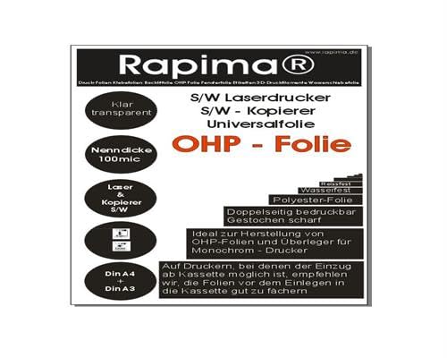 100x A4 Overheadfolie - OHP Folien glasklar - Folie für Laserdrucker - Kopierfolie, Projektorfolie schwarz/weiß Drucker + Kopierer Folie von Rapima