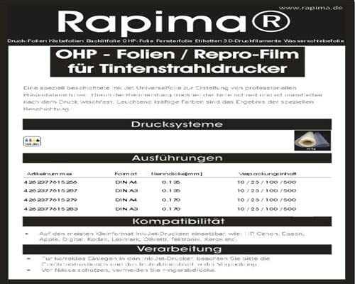 25 x A3 Inkjet Premium Overheadfolie für vollfarbige Ausdrucke in höchster Qualität – leicht milchig für verbesserte Farbaufnahme für Qualitätsdrucke von Rapima
