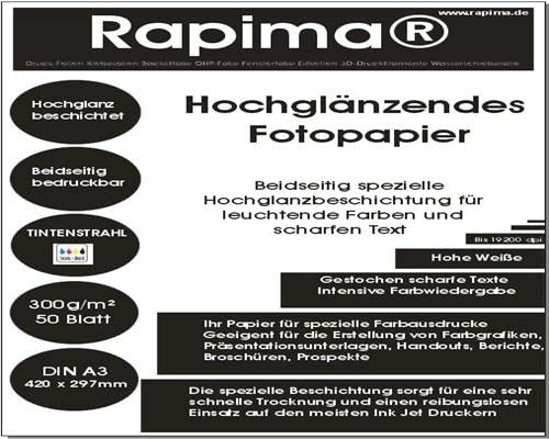 50x A3 Fotopapier hochglänzend 300g /m² Beidseitig Bedruckbar Tinte Inkjet schnell trocknend wasserfest doppelseitig DIN A3 (420x297mm) von Rapima