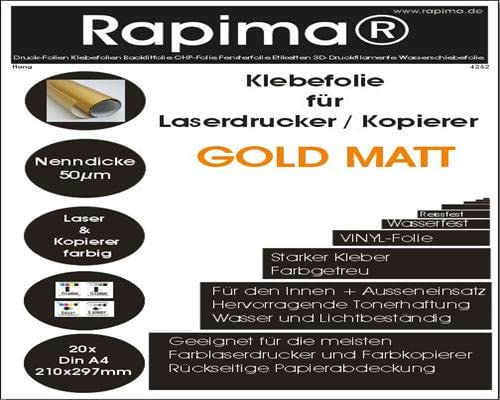 5x gold matte Aufkleber auf 5 DIN A4 Blatt Klebefolie Etiketten Wetterfest 210 x 297 mm Wasserfest selbstklebend Folienetiketten bedruckbar Laserdrucker zum Beschriften von Rapima