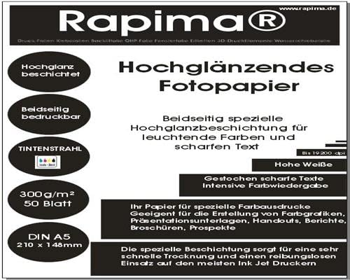 Fotopapier hochglänzend 300g /m² Beidseitig Bedruckbar 50x A5 Tinte Inkjet schnell trocknend wasserfest doppelseitig DIN A4 (210x297mm) von Rapima