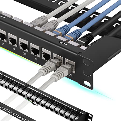 Patchpanel 24 Port Cat7 mit Inline Keystone 10G Unterstützung, Rapink Koppler Patch Panel STP geschirmt 19 Zoll mit abnehmbarer Rückleiste, 1U Netzwerk Patchpanel für Cat7, Cat5e, Cat5 Cat abling von Rapink