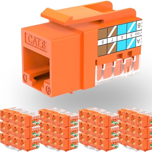 Rapink RJ45 Keystone Jack Cat6 10G Unterstützung, Cat6 Keystone Buchsen UTP 50 Stück für Wandplatte und Patchpanel, RJ45 Keystone 90 Grad orange Farbe für Cat 6, Cat5e, Cat5 Verkabelung von Rapink