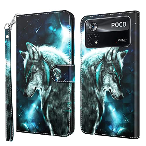 Rapuled Kompatibel mit Xiaomi Poco X4 Pro 5G Hülle, Handyhülle für Xiaomi Poco X4 Pro 5G, Leder Wallet Magnet Brieftasche Etui Schutzhülle Lederhülle Klapphülle Flip Case Cover (Wolf) von Rapuled
