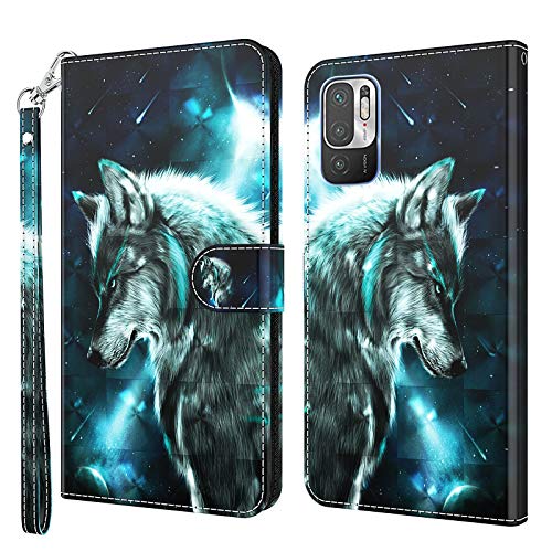 Rapuled Kompatibel mit Xiaomi Redmi Note 10 5G /Poco M3 Pro 5G Hülle, Handyhülle Leder Wallet Magnet Brieftasche Etui Schutzhülle Lederhülle Klapphülle Tasche Flip Book Case Cover (Wolf) von Rapuled