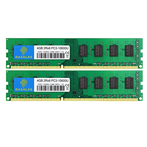 Rasalas 8GB Kit (2x4GB) PC3-10600 DDR3-1333 PC3 10600U Arbeitsspeicher DDR3 2Rx8 PC3-10600U 1333 MHz DDR3 1.5V CL9 240-pin Speicher Module für Desktop von Rasalas