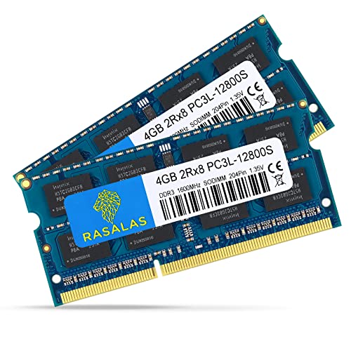 Rasalas 8GB Kit (2x4GB) PC3-12800 DDR3L 1600MHz RAM SODIMM, 4GB 2Rx8 PC3L-12800S DDR3 1600 1.35V 204-Pin CL11 Upgrade Rank Laptop Arbeitsspeicher von Rasalas