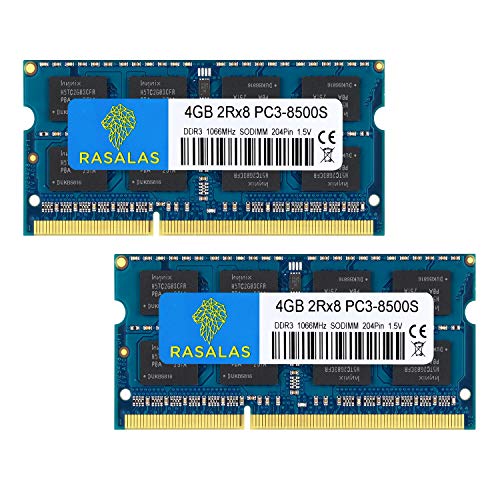 Rasalas PC3-8500 8GB Kit (2x4GB) DDR3 1066MHz Sodimm 2RX8 DDR3 1066 MHz PC3-8500S 1.5V CL7 Speicher für Laptop von Rasalas