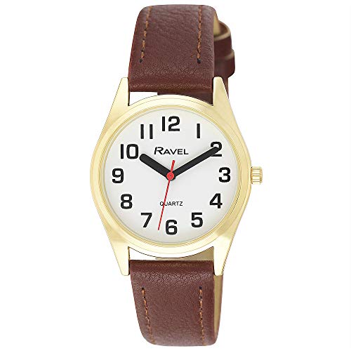 Ravel - Unisex-Armbanduhr mit Armband zur Sehhilfe mit großen Zahlen, Braun/Goldfarben, Femme - 27mm Boîtier de montre, Riemen Ravel - Unisex-Armbanduhr mit Armband zur Sehhilfe mit großen Zahlen, Braun/Goldfarben, Femme - 27mm Boîtier de montre, Riemen von Ravel