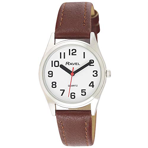 Ravel - Unisex-Armbanduhr mit Armband zur Sehhilfe mit großen Zahlen, Braun/silberfarben, Femme - 27mm Boîtier de montre, Riemen Ravel - Unisex-Armbanduhr mit Armband zur Sehhilfe mit großen Zahlen, Braun/silberfarben, Femme - 27mm Boîtier de montre, Riemen von Ravel