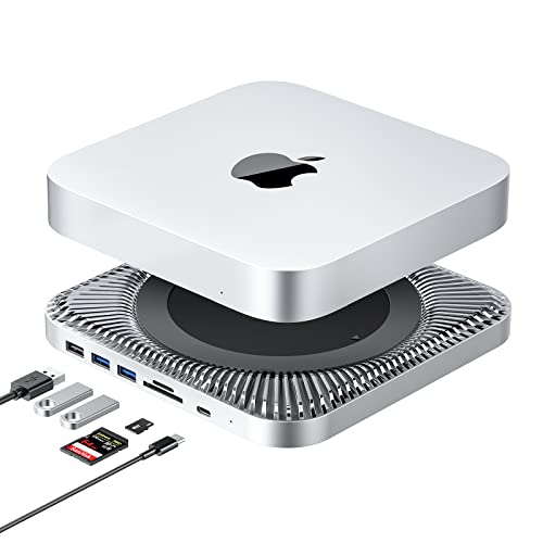 RayCue Mac Mini Hub & Type-C Ständer mit SSD Gehäuse,Mac Mini Ständer,passend für 2.5 Zoll SATA SSD, USB-C Datenanschluss, Dual USB 3.0/2.0 Port, Micro/SD Kartenleser,für Mac Studio, Mac Mini M1 M2 von RayCue