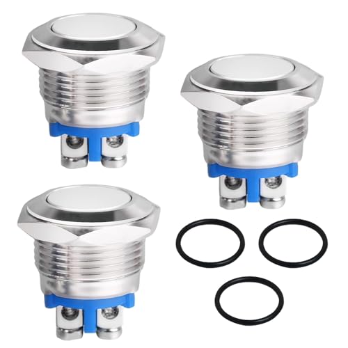 19mm Momentan Taster 12V 5A AC/DC220V Flachkopf Drucktaster IP65 Wasserdicht - 3 Stück Schraubklemmen Klingeltaster Normalerweise Geschlossen Edelstahl Druckschalter für Autos Zündanlagen Türklingeln von Raykce