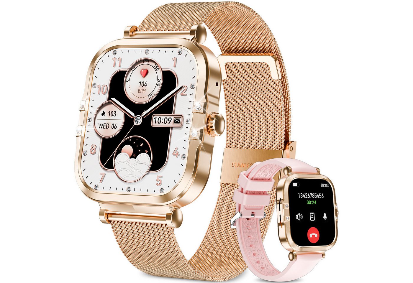 Rayofi AMOLED SmartWatch Damen,2025 Neue 1,75" Fitnessuhr mit Telefonfunktion Smartwatch (Zwei Armbänder, Full Touch Square Fine Sportuhr Damen cm) Mit Menstruationszyklus, Schrittzähler, Blutdruckmessung, Herzfrequenzmonitor, Oximetrie Monitor, Schlafmonitor, SOS, Wettervorhersage, IP67 Wasserdicht Fitness Tracker Damen, Verfügbar für Android 4.4+ / iOS 10.0+. von Rayofi