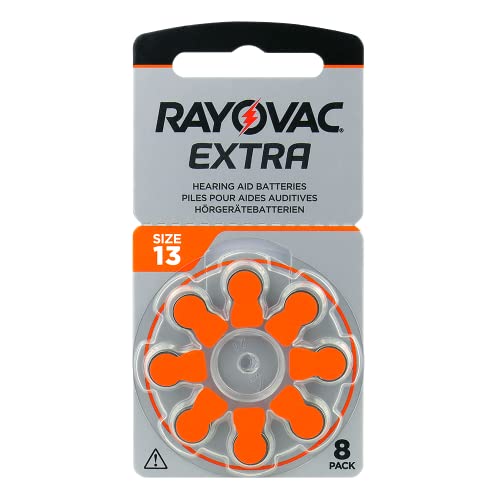 Rayovac Extra 13, 8 Stück, Hörgerätebatterien, hohe Leistung, Zink-Luft-Batterien, 1 Blisterkarte, orange, 13AUX-8XEMF von Rayovac