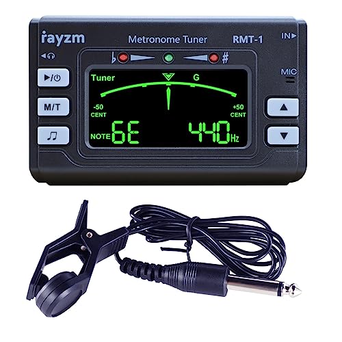 Rayzm Metronom-Tuner (Metro-Tuner) mit 3,5mm Kopfhörerbuchse für Musikinstrumente|Chromatisches Stimmgerät Tuner, Mic/Clip-on Tuning Optional, Line-in Abstimmung Flachstimmung für Gitarre/Bass von Rayzm