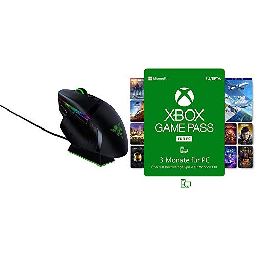 Razer Basilisk Ultimate - Kabellose Gaming Maus mit 11 programmierbaren Tasten (Wireless HyperSpeed Technologie, Chroma RGB Beleuchtung) mit Ladestation + Xbox Game Pass für PC (3 Monate) von Razer
