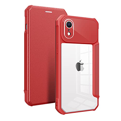 Rdyi6ba8 PU Leder Handyhülle für iPhone XR, TPU Silikon Transparent hülle Klapphülle Flip Case mit Kartenfach Magnetische Klappbare Stoßfeste Schutzhülle für iPhone XR - Rot von Rdyi6ba8