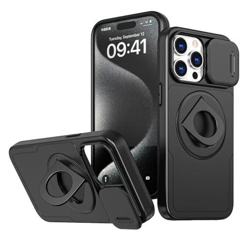 Rdyi6ba8 Ständer Hülle für iPhone 15 Pro Max, [360°Drehbarer Magnetisch Ständer] mit Schiebe Kamera Schutz Handyhülle für iPhone 15 Pro Max 6.7”(Schwarz) von Rdyi6ba8