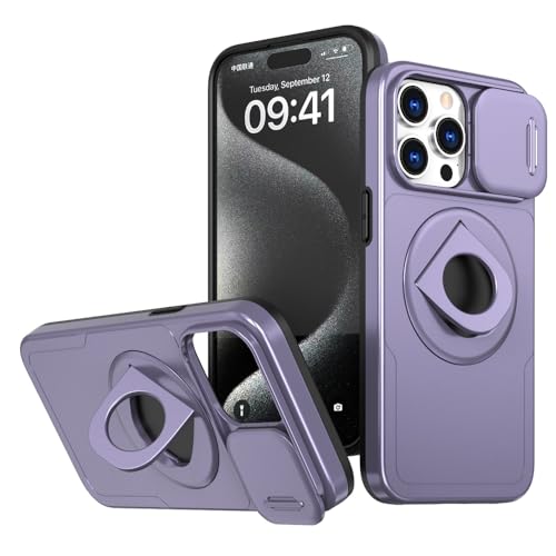 Rdyi6ba8 Ständer Hülle für iPhone 15 Pro Max, [360°Drehbarer Magnetisch Ständer] mit Schiebe Kamera Schutz Handyhülle für iPhone 15 Pro Max 6.7”(Violett) von Rdyi6ba8