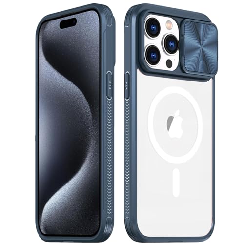 Rdyi6ba8 Transparente Hülle für iPhone 15 Pro Max, Kamera Schutz Handyhülle mit Schieber [Anti-Gelb] Hybrid PC + TPU Stoßfest Case für iPhone 15 Pro Max - Blau von Rdyi6ba8