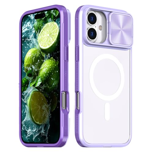 Rdyi6ba8 Transparente Hülle für iPhone 16, Kamera Schutz Handyhülle mit Schieber [Anti-Gelb] Hybrid PC + TPU Stoßfest Case für iPhone 16 - Lila von Rdyi6ba8