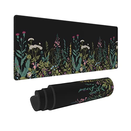 Niedliches großes Gaming-Mauspad mit genähten Kanten für Frauen, Bürodekoration, wasserdichte Neopren-Schreibtischunterlage mit rutschfester Unterseite, 80x20 cm (grünes Blumen-Mauspad) von ReJiechu