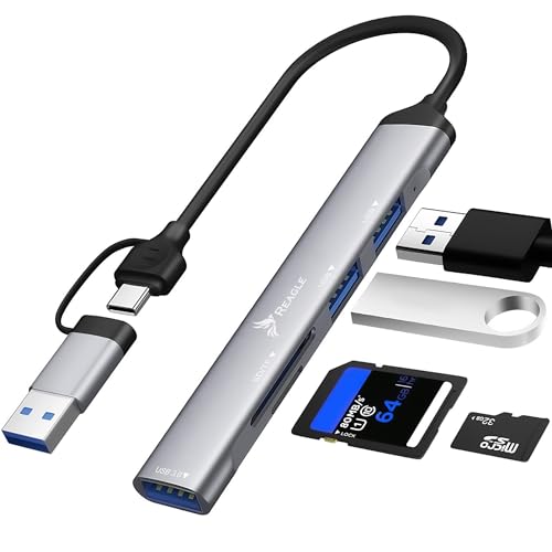 REAGLE USB-C USB-A 2-in-1 dualer stecker 3.2 Gen 1 HUB hat 3 x USB-A, 1 x SD, 1 x Micro SD TF Leser 5 Gb/s Plug and Play Silber von Reagle