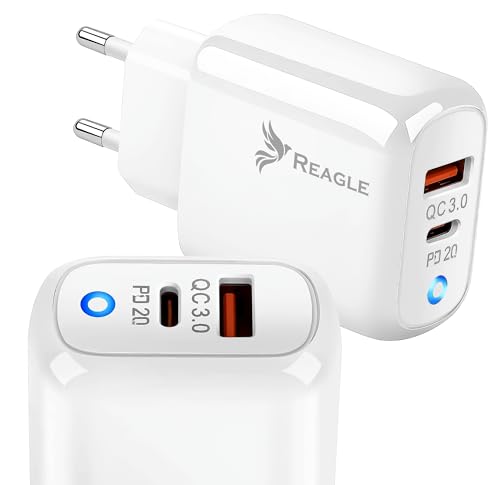 Reagle 20W USB-C & QC 3.0 Schnellladegerät mit Power Delivery - Kompatibel mit iPhone 15, Samsung Galaxy S24 - Kompakte 2-Port Netzteil für Sichere und Schnelle Aufladung zu Hause & Unterwegs von Reagle