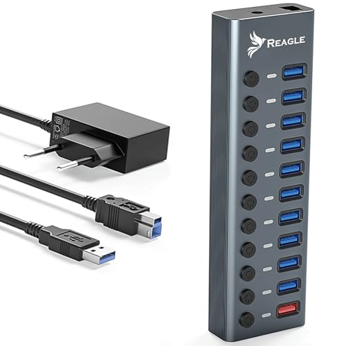 Reagle Aktiver USB 3.2 Gen 1 Hub mit 11 Ports (10 Daten, 1 Laden), 5 Gbps Datenübertragung, 36W Netzteil, Einzelschalter pro Port, Plug & Play, LED-Anzeigen, Aluminiumgehäuse von Reagle