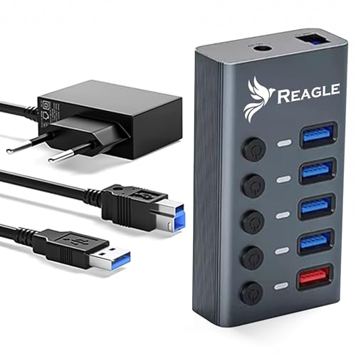 Reagle Aktiver USB-A 3.2 Gen 1 Hub – 5-in-1 USB Hub mit 4 Datenports, 1 Ladeport (2.4A), Einzelschalter, LED-Anzeige, 5Gbps Übertragung, Plug & Play, inkl. 12V Netzteil, Aluminiumgehäuse von Reagle
