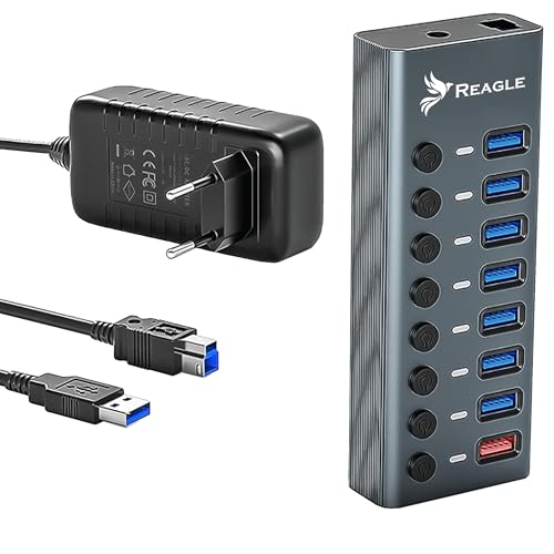 Reagle USB 3.2 Gen 1 Aktiv Hub - 8 Port USB-A mit 36W Netzteil, Einzelschalter, 5 Gbps SuperSpeed, Plug & Play, Aluminiumgehäuse - Ideal für Laptop und PC von Reagle