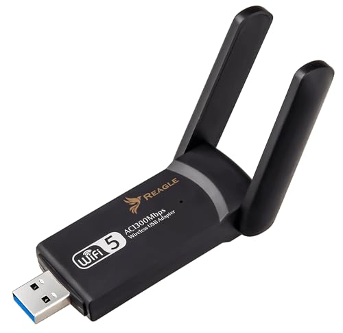 Reagle USB-A WLAN Adapter - 1300 Mbps, Dualband 2.4GHz/5GHz WiFi Dongle, 802.11ac, High Gain 2X 5dBi Antennen, PC & Laptop Netzwerk Adapter, Kompatibel mit Windows/Mac/Linux von Reagle