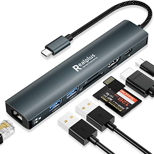 RealPlus USB C Hub 7 in 1 USB C Adapter mit 4K HDMI, 1Gbps Ethernet RJ45, 100W PD, 2 USB A 5Gbps Datenports, MicroSD & SD Kartenleser, USB C Docking Station für MacBook Air M2, Windows, Switch von RealPlus
