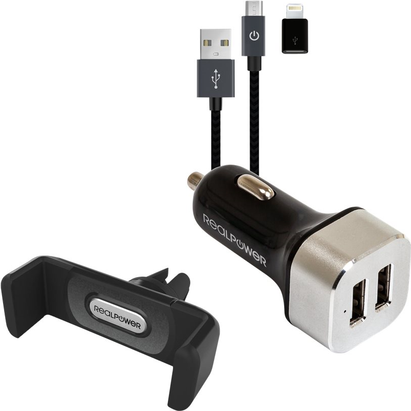 Realpower Mobile Car Set - Auto-Netzteil - 2.4 A - 2 Ausgabeanschlussstellen (2 x USB) - auf Kabel: Micro-USB, Lightning von RealPower